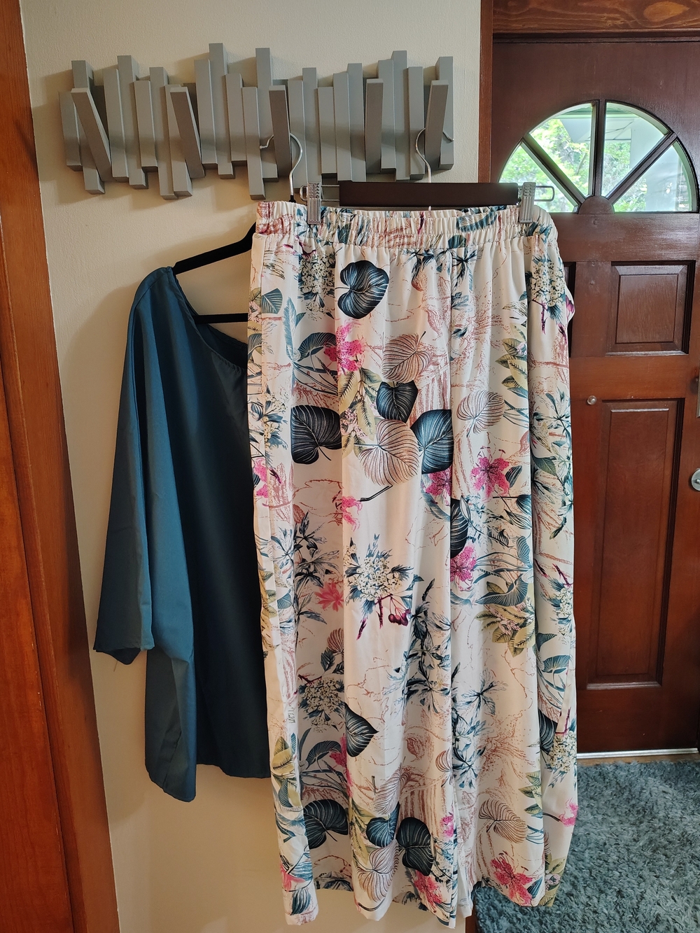 SHEIN White Floral Wide Leg Pants And Teal Off The Shoulder Shirt Set